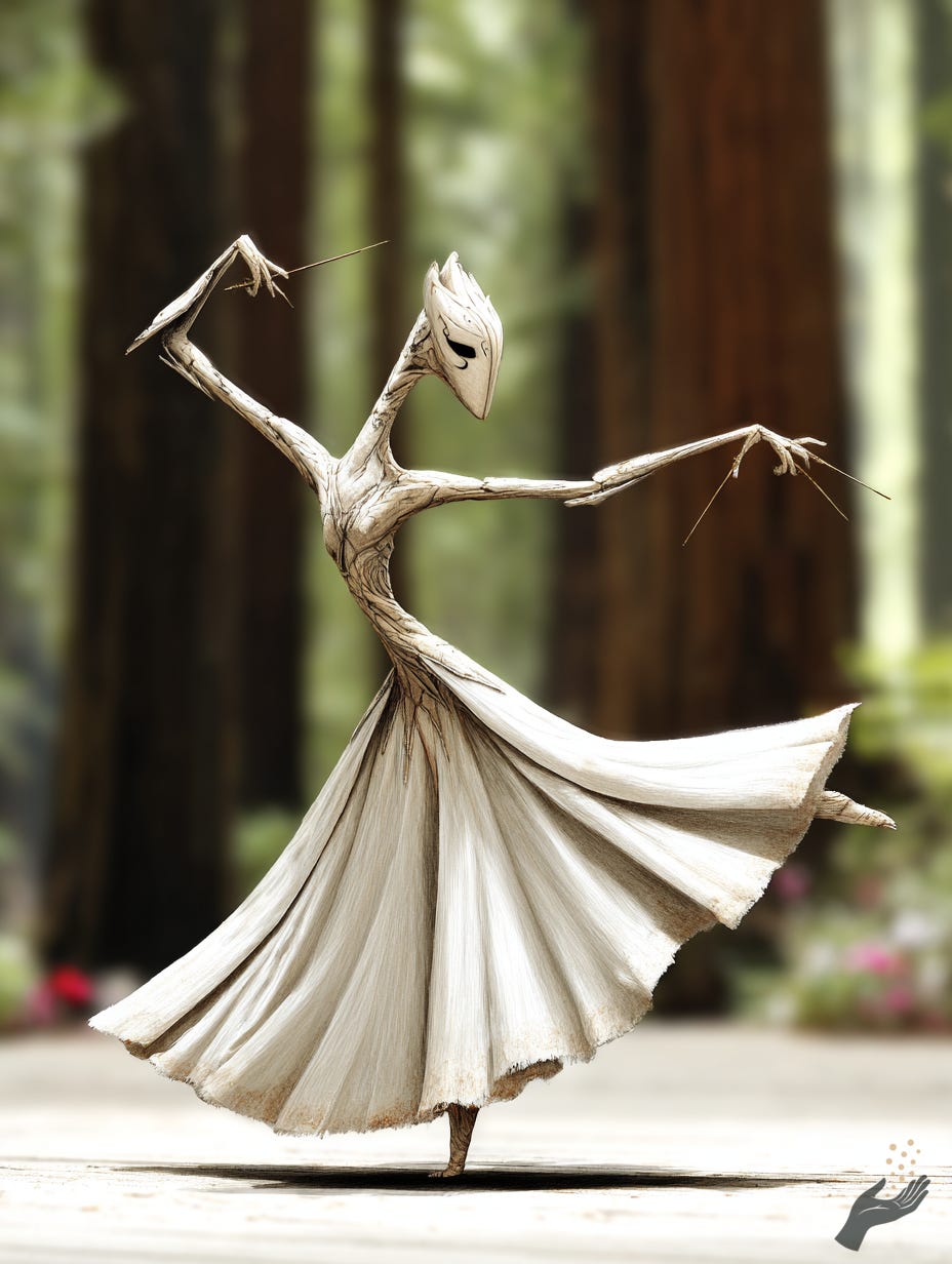 Whimsical fantasy artwork of a pale wood-like dancer with long angular arms and a flowing white skirt spinning in front of towering redwood trees.