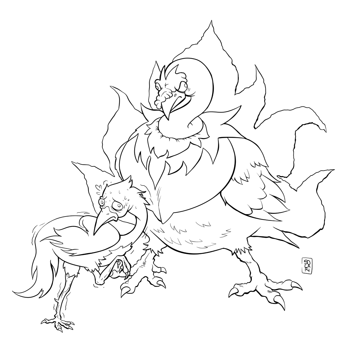 The illustration of an angry turkey with a smaller scared bird next to it.