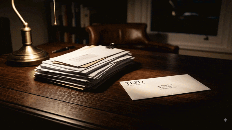 A dimly lit study featuring a dark wooden desk under a brass desk lamp. On the left, a neat stack of white envelopes and bills is held together by a binder clip. On the right, sitting slightly apart from the stack in a pool of light, is a single separate envelope addressed to Mr. David Read. In the background, a leather armchair and a bookshelf filled with books sit against a dark wall.