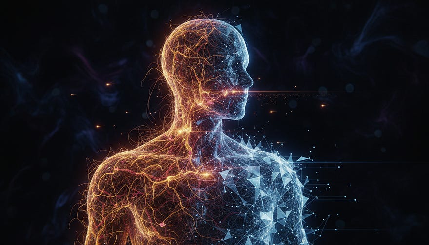 A surreal, cinematic close-up captures a human silhouette. It is made of warm, glowing organic neural networks. These networks gently connect with a structured, crystalline digital lattice. The background is a deep, moody void representing the unknown. Small points of light travel between the organic and digital minds, symbolising the transfer of wisdom. The lighting is soft and ethereal, highlighting the connection point. A surreal, cinematic close-up captures a human silhouette. It is made of warm, glowing organic neural networks. These networks gently connect with a structured, crystalline digital lattice. The background is a deep, moody void representing the unknown. Small points of light travel between the organic and digital minds, symbolising the transfer of wisdom. The lighting is soft and ethereal, highlighting the connection point.