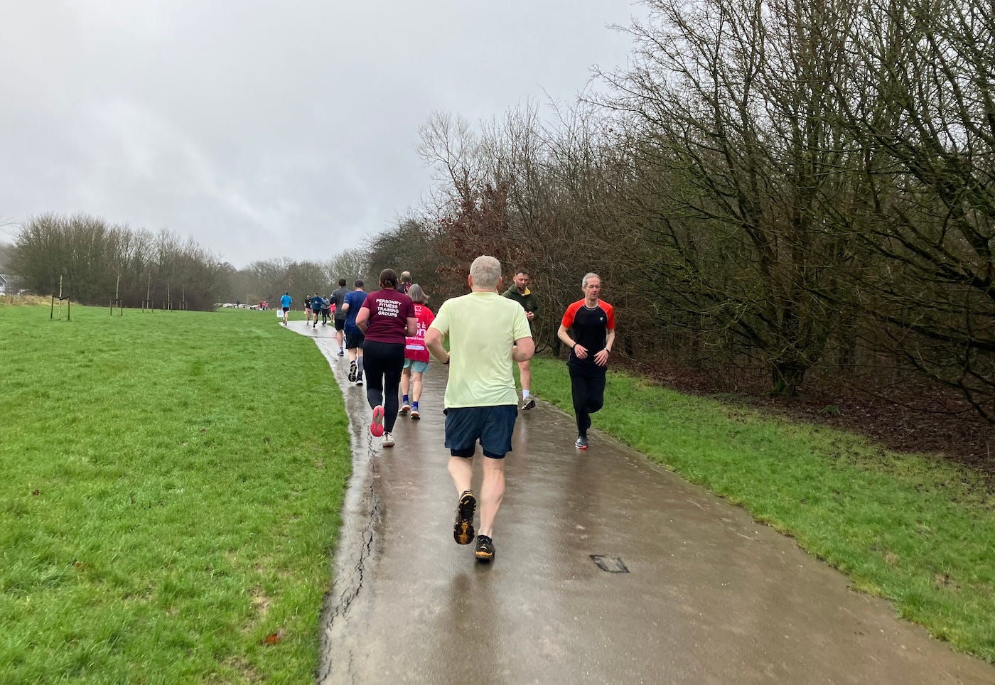 Runners on a wet path, bordered by saturated grass