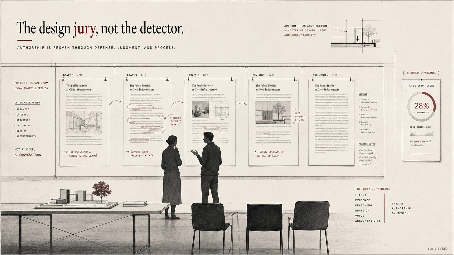 The design jury asks for intent, evidence, reasoning, revision and accountability. A detector asks only whether the surface resembles a machine. The design jury asks for intent, evidence, reasoning, revision and accountability. A detector asks only whether the surface resembles a machine.