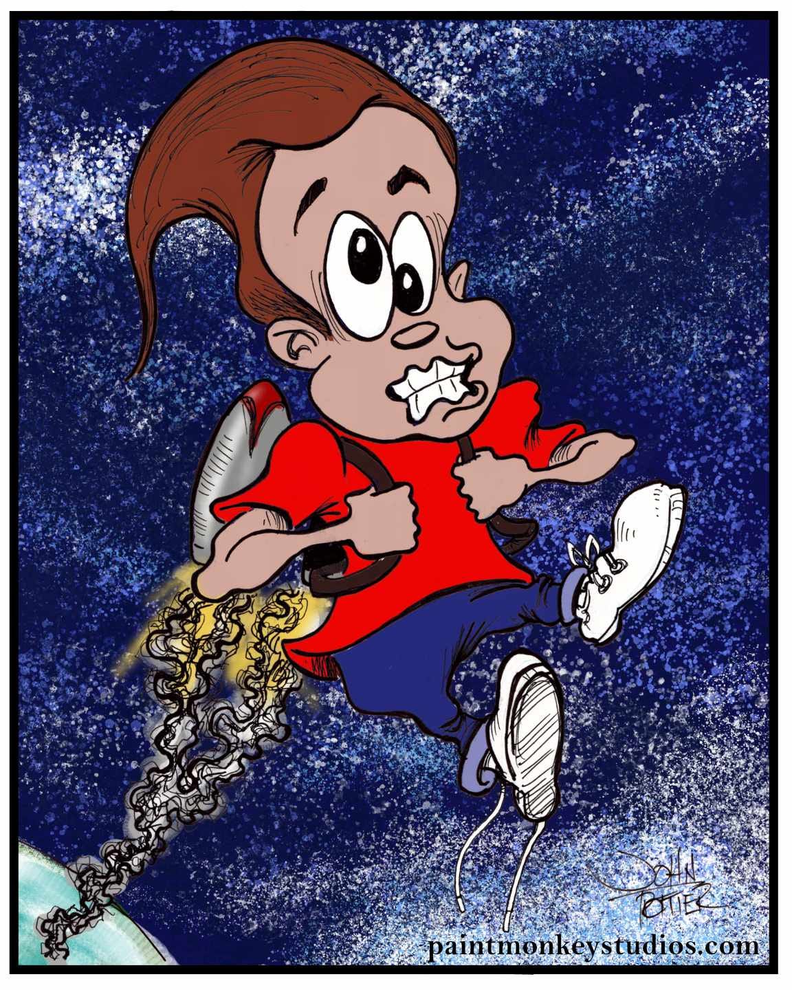 Ink and digital cartoon of Jimmy Neutron being rocketed into space by jetpack.