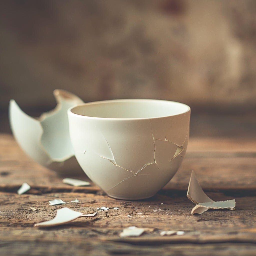 This image captures a poignant moment of loss and impermanence, featuring a broken white ceramic bowl resting on an old, textured wooden surface. The shattered pieces are strewn about, each fragment reflecting the light differently, casting small shadows that accentuate the bowl's fragility. The rustic background complements the ceramic's purity, highlighting the contrast between endurance and the transience of material objects. The scene invokes a blend of beauty and sadness, telling a story of something once whole, now fractured, and the quiet finality of such a moment.