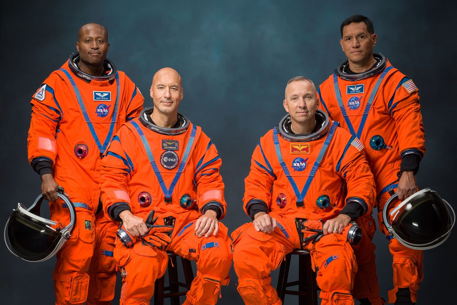 The Artemis III crew poses for an official portrait (from left: Andre Douglas, Luca Parmitano, Randy Bresnik, Frank Rubio). The Artemis III crew poses for an official portrait (from left: Andre Douglas, Luca Parmitano, Randy Bresnik, Frank Rubio).