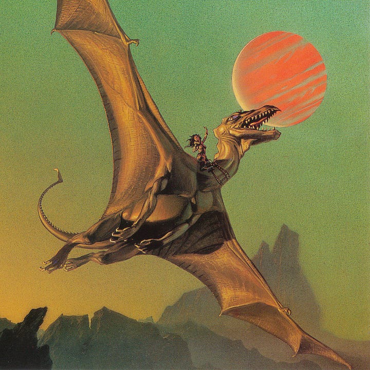 LEFT: Background detail from DRAGONFLIGHT featuring the flight of dragons swooping down over rocky peaks. The sun mostly hidden behind the tallest peak tints the green sky yellow along the ridge of mountains. RIGHT: Figure detail from DRAGONFLIGHT featuring the lead dragon climbing in front of a red striated planet. The dragonrider raises an arm as she glances back with hair flowing in the wind.