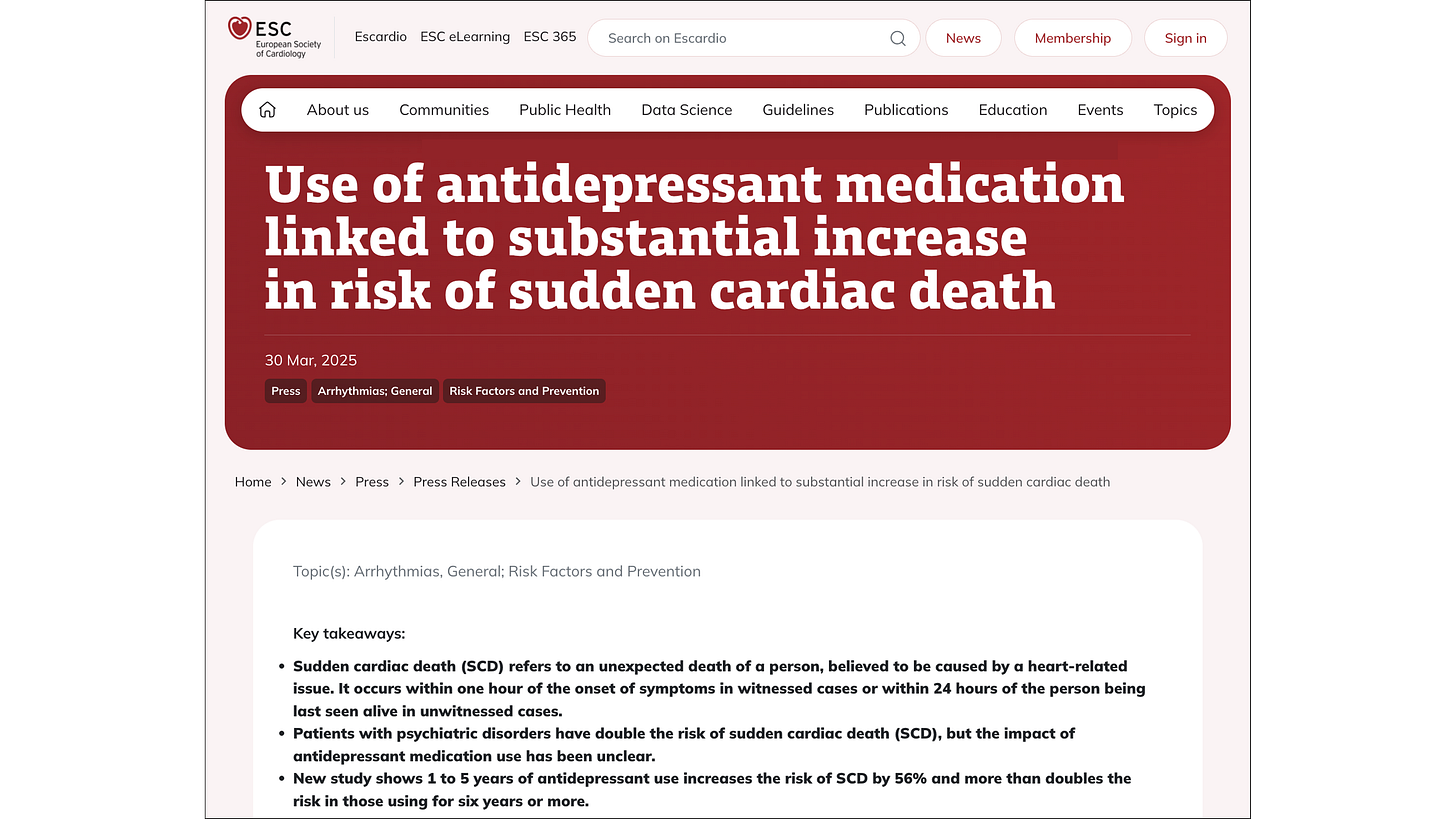 Use of antidepressant medication linked to substantial increase in risk of sudden cardiac death (European Society of Cardiology, 2025)
