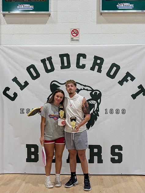 pickleball players pose and smile in Cloudcroft, New Mexico