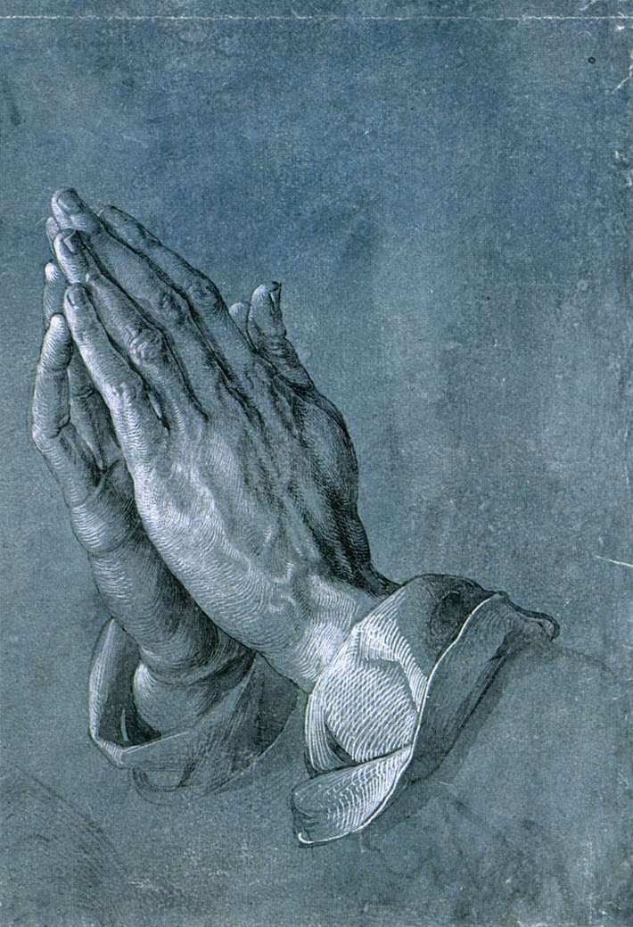A precise ink drawing of two slender hands pressed together in prayer A precise ink drawing of two slender hands pressed together in prayer