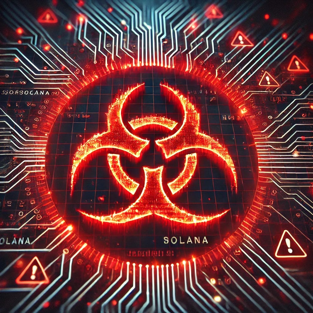 An abstract artistic image showing the Solana logo being split apart by glowing red malware code, symbolizing a breach. The background includes digital circuit patterns and warning symbols, creating a dramatic and high-tech visual effect.