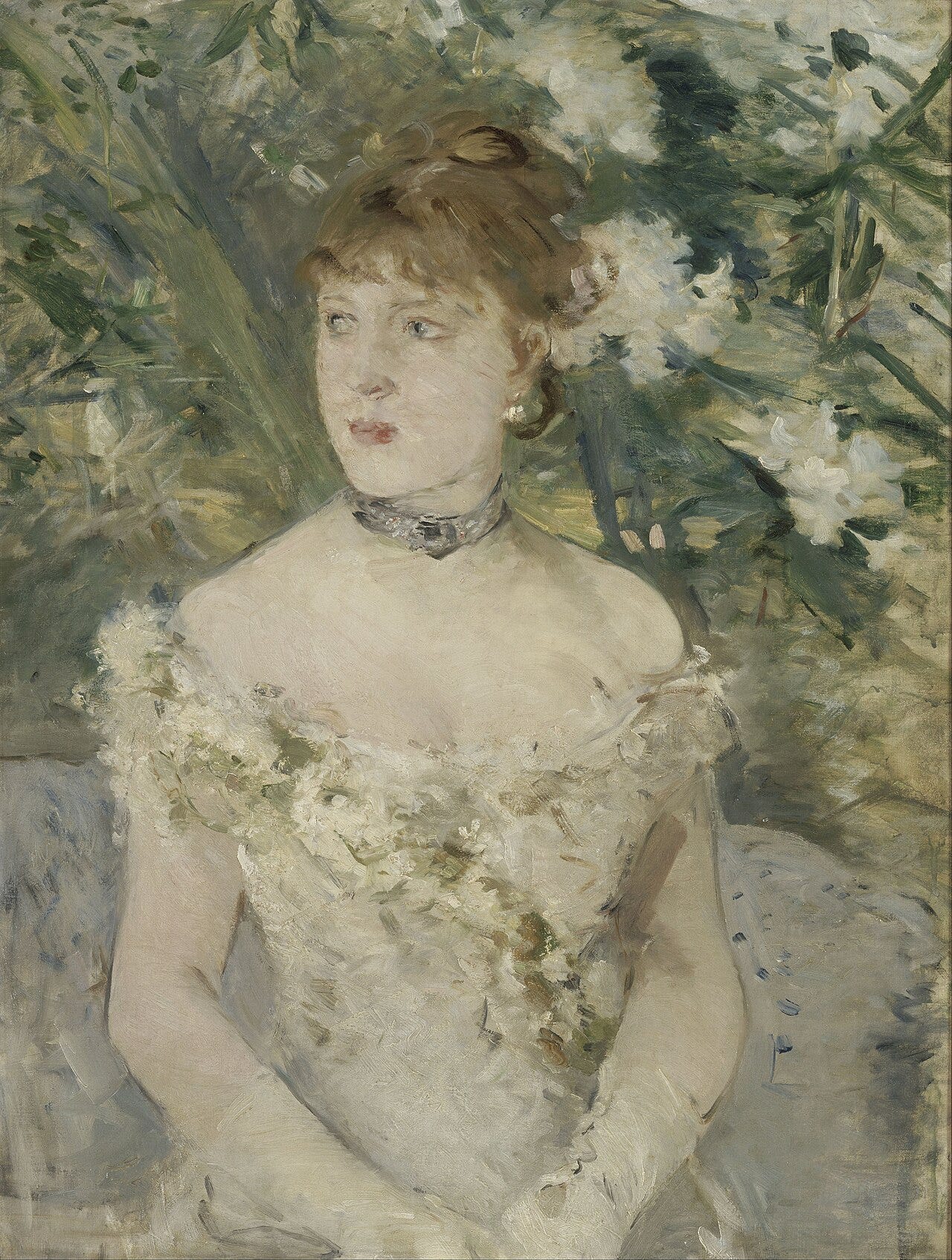 Young woman in a pale pink ball gown seated among flowers Young woman in a pale pink ball gown seated among flowers