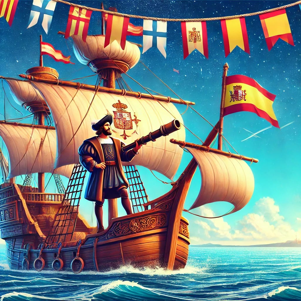 A celebratory scene for Columbus Day featuring a traditional wooden ship sailing across a calm ocean under a bright blue sky. Christopher Columbus is standing on the deck, looking forward with determination, holding a telescope. The ship’s sails are unfurled, with Spanish flags flying in the wind. In the background, the horizon shows land in the distance, symbolizing the discovery. The scene is vibrant and festive, with colorful banners and symbols representing exploration and adventure, giving a sense of historical significance and celebration.