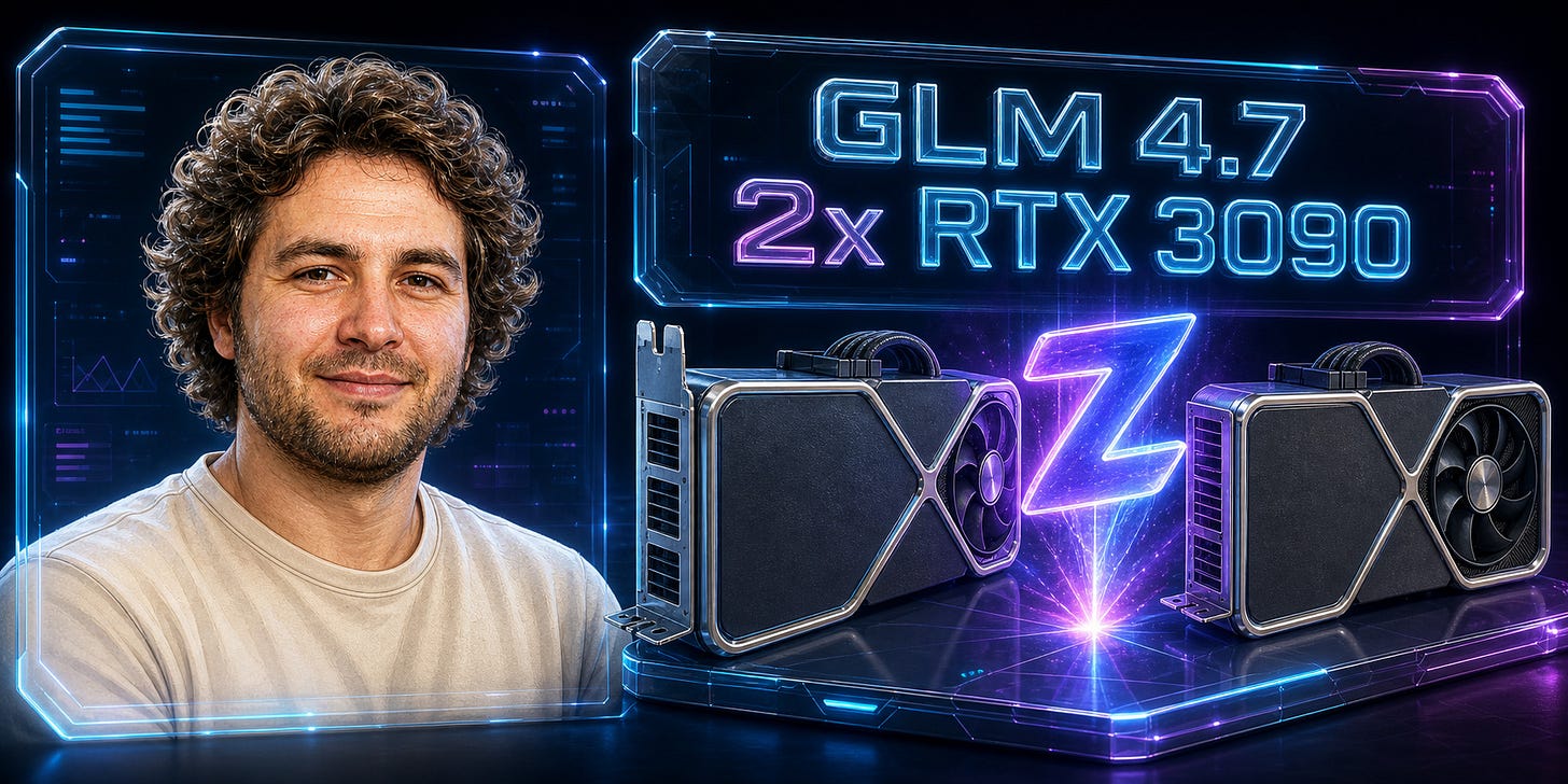 Futuristic glass UI banner: a developer beside two RTX 3090 cards with the Z.ai GLM logo glowing as a holographic mark Futuristic glass UI banner: a developer beside two RTX 3090 cards with the Z.ai GLM logo glowing as a holographic mark