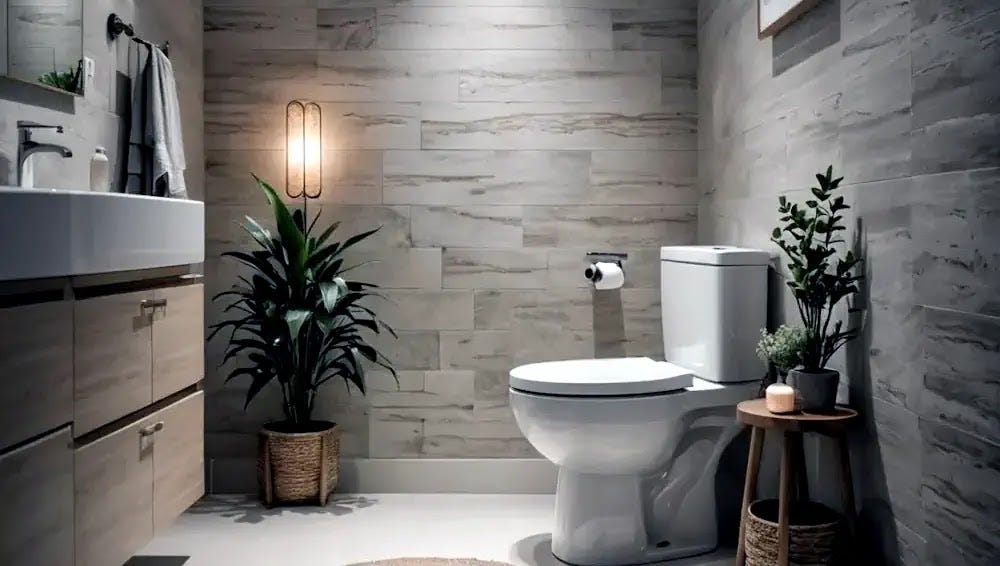 A tranquil bathroom with a softly lit toilet, ideal for comfort and relaxation.