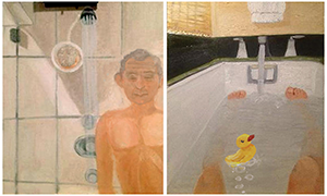 Dubya's bathroom paintings including a self portrait and a rubber ducky