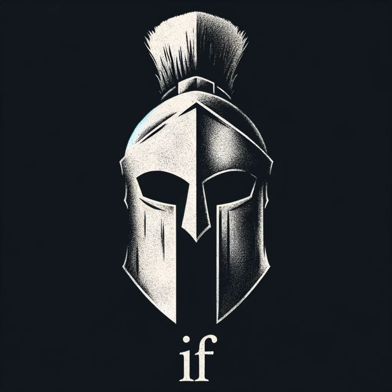 Ilustração de um capacete espartano estilizado sobre fundo escuro, com a palavra “if” escrita abaixo em letras minúsculas. Representa a lendária resposta lacônica dada por Esparta ao rei Filipe II da Macedônia, reforçando a força da brevidade na comunicação estratégica.
