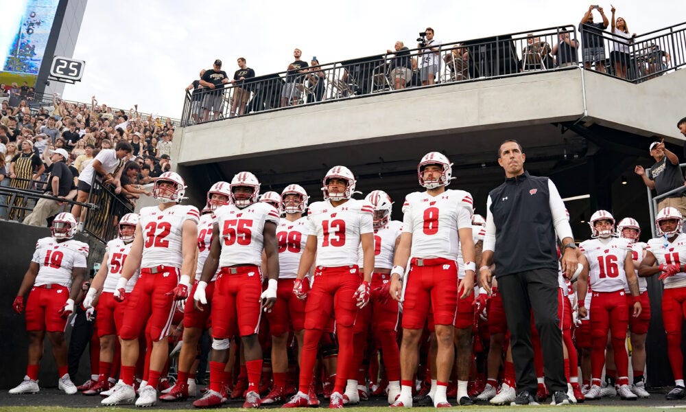 Wisconsin football; head coach Luke Fickell leads the Badgers onto the field.