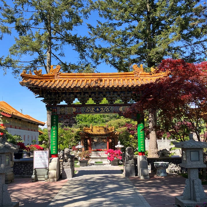Images of a traditional Chinese temple complex built in Richmond, British Columbia, showing various buildings with curved tiled roofs, wide tree-lined squares and golden statues in temple buildings.