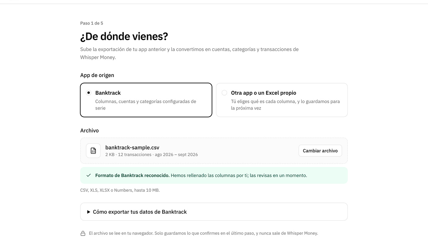 Primer paso del importador de Whisper Money: archivo de Banktrack subido y formato reconocido automáticamente
