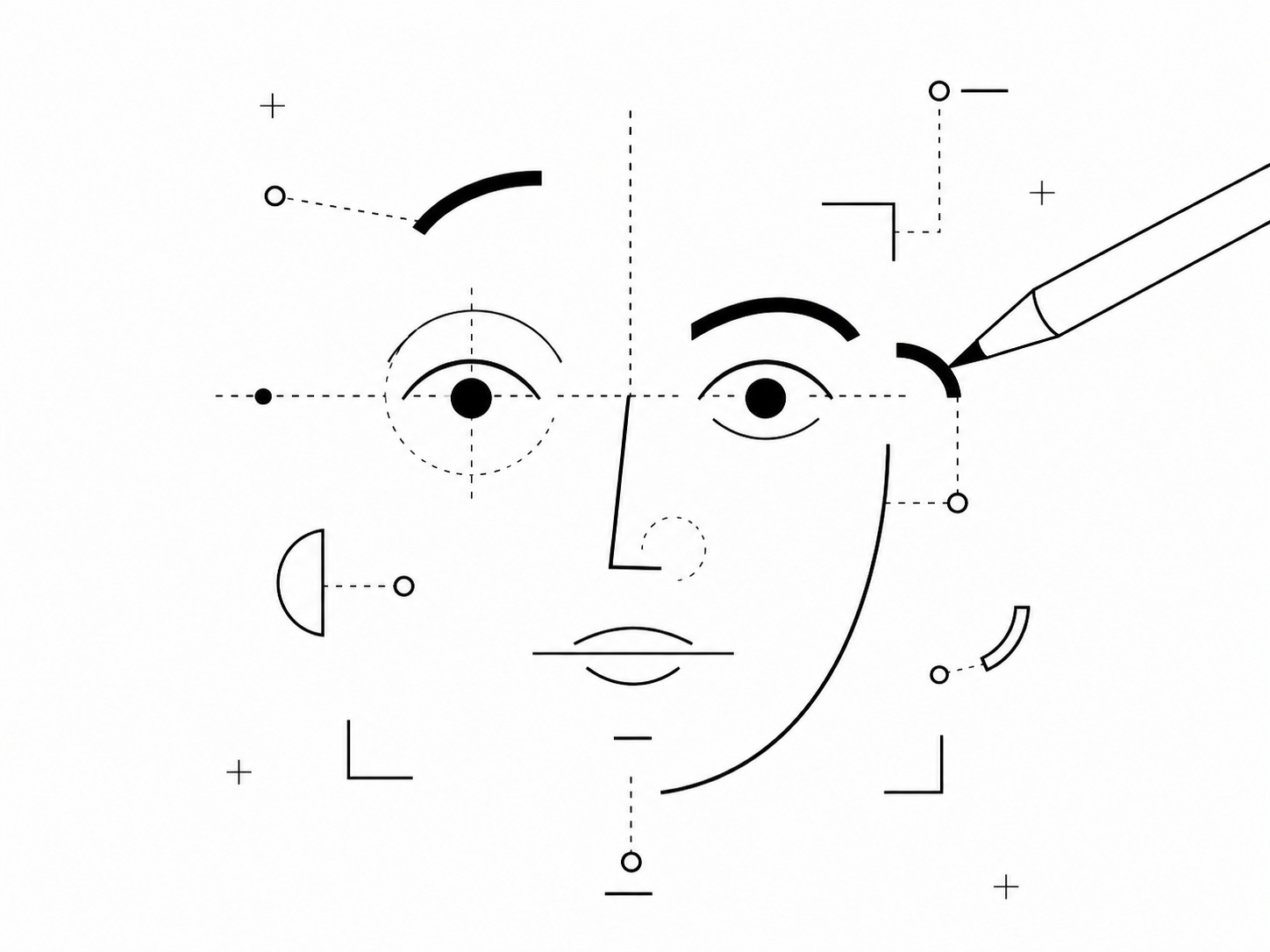 A minimalist line drawing of a human face being assembled from geometric components, with a pencil adding detail to one side. Floating facial elements and technical registration marks suggest a design blueprint rather than a portrait A minimalist line drawing of a human face being assembled from geometric components, with a pencil adding detail to one side. Floating facial elements and technical registration marks suggest a design blueprint rather than a portrait