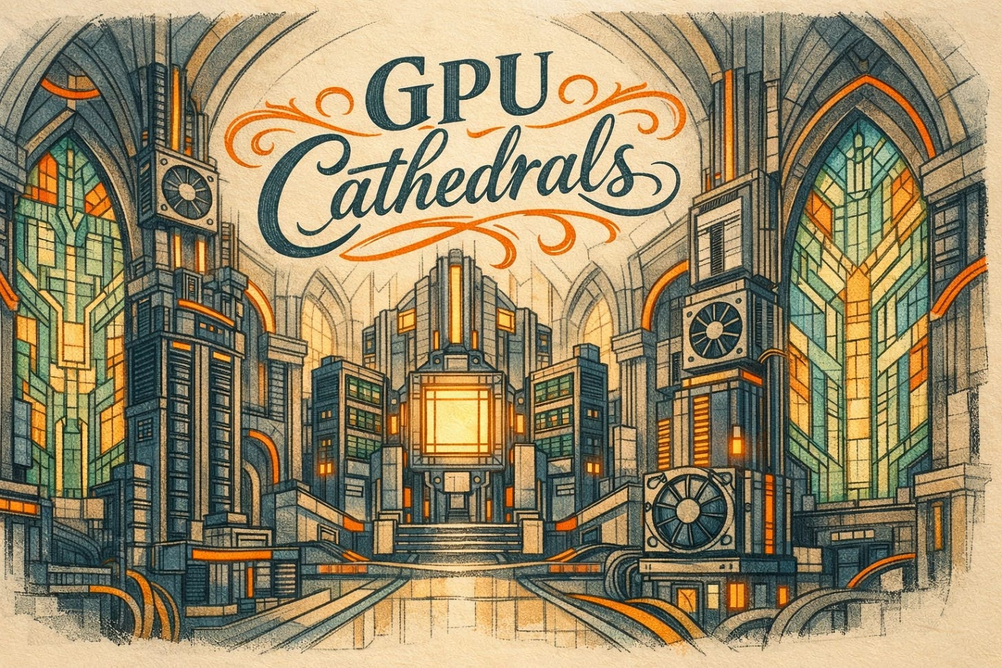 GPU cathedrals — massive AI data centers with server-rack architecture and circuit-patterned stained-glass windows