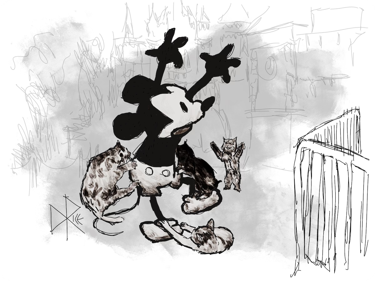 A pack of Disneyland’s feral cats pounce on Steamboat Willie, who unhappily tries to shoo them away. Sketch art by Don Rice.