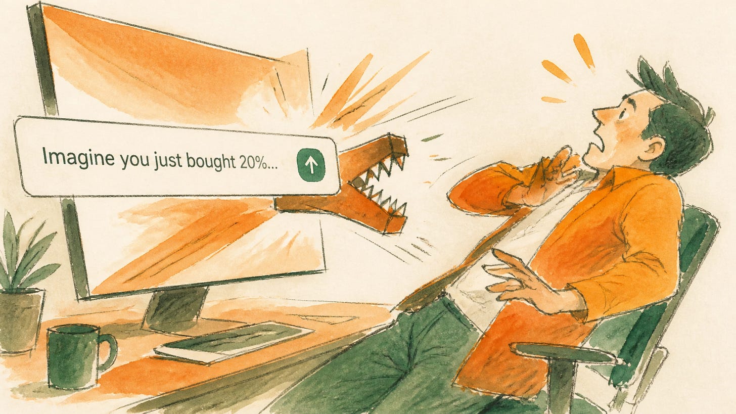 A founder recoils from a screen showing a chat box that reads 'Imagine you just bought 20 percent...', as if it bit him.