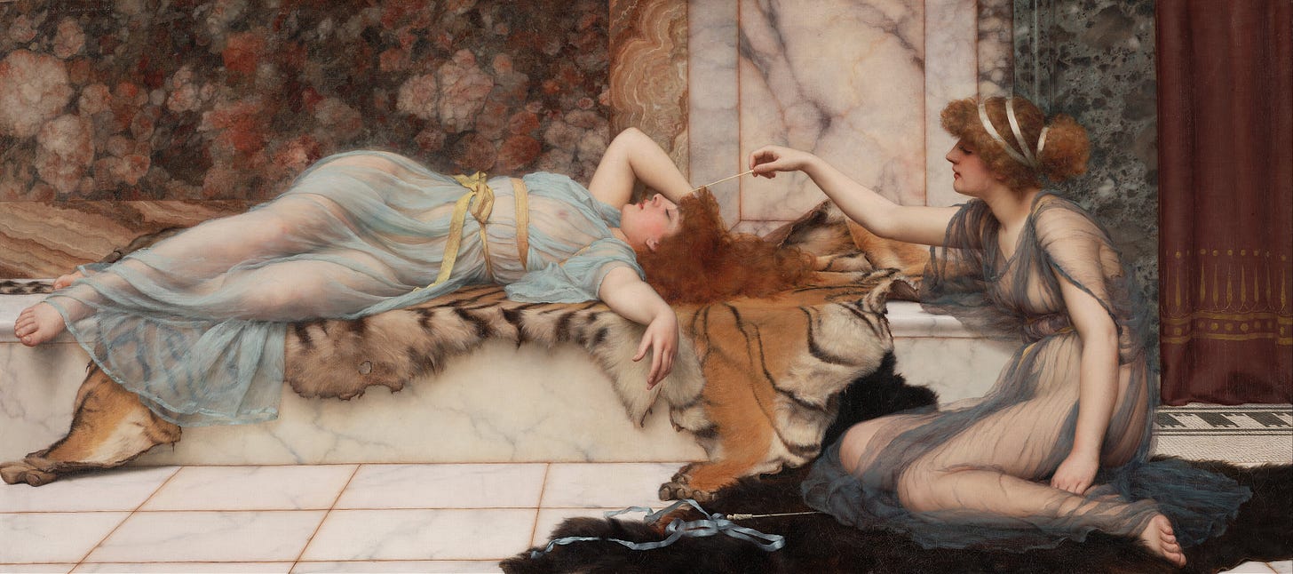 A painting by John William Godward depicting two women in classical dress on a marble terrace. One reclines peacefully while the other leans forward with a scheming expression, the contrast between a woman at ease in herself and a woman preoccupied with what someone else has. A painting by John William Godward depicting two women in classical dress on a marble terrace. One reclines peacefully while the other leans forward with a scheming expression, the contrast between a woman at ease in herself and a woman preoccupied with what someone else has.