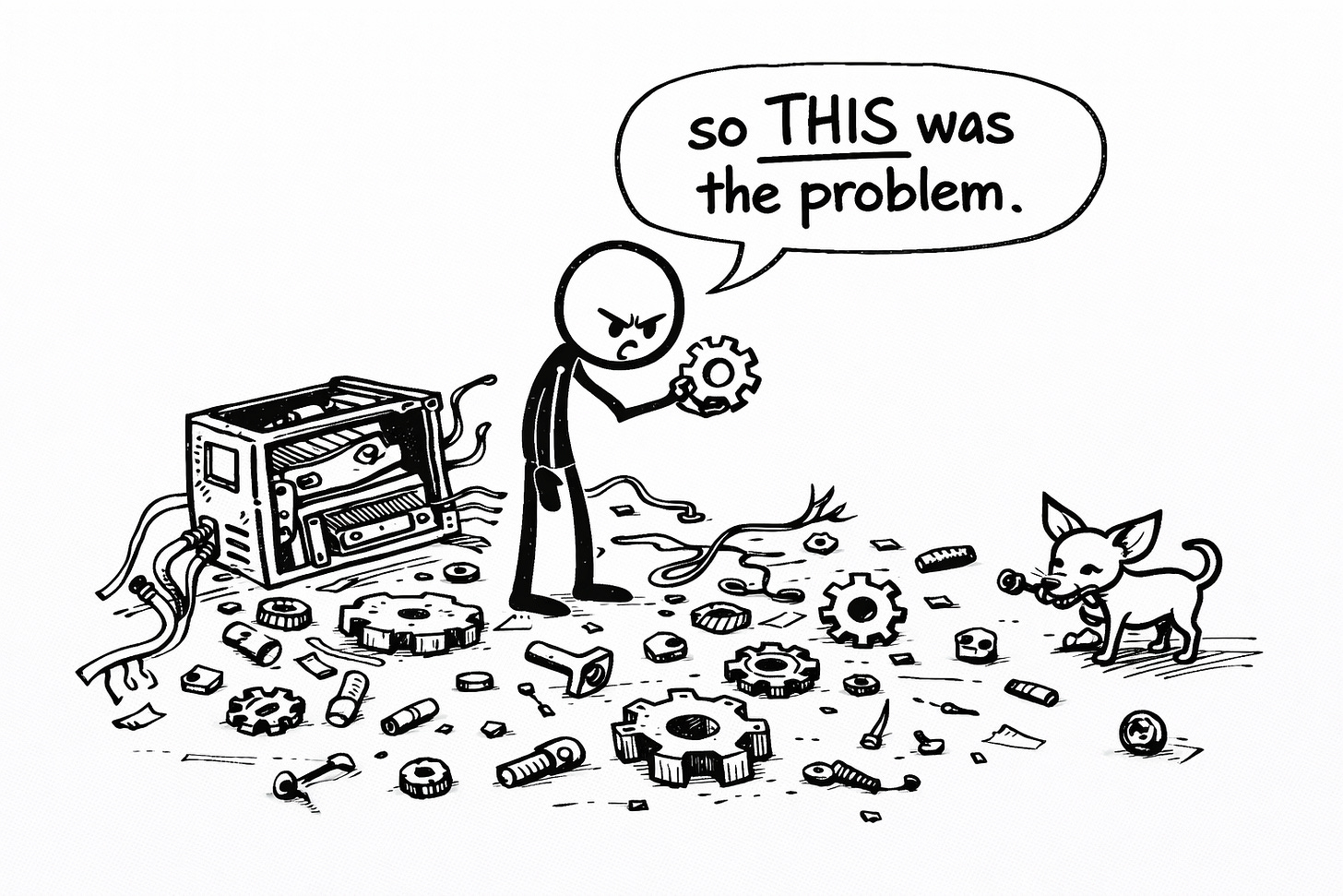 Black-and-white hand-drawn sketch of an angry stick figure holding a gear with a speech bubble reading 'so THIS was the problem' while standing over a disassembled machine with gears, bolts, and wires scattered everywhere. A small chihuahua chews on a bolt nearby, illustrating the process of tearing apart a broken AI publishing system to rebuild it from scratch.