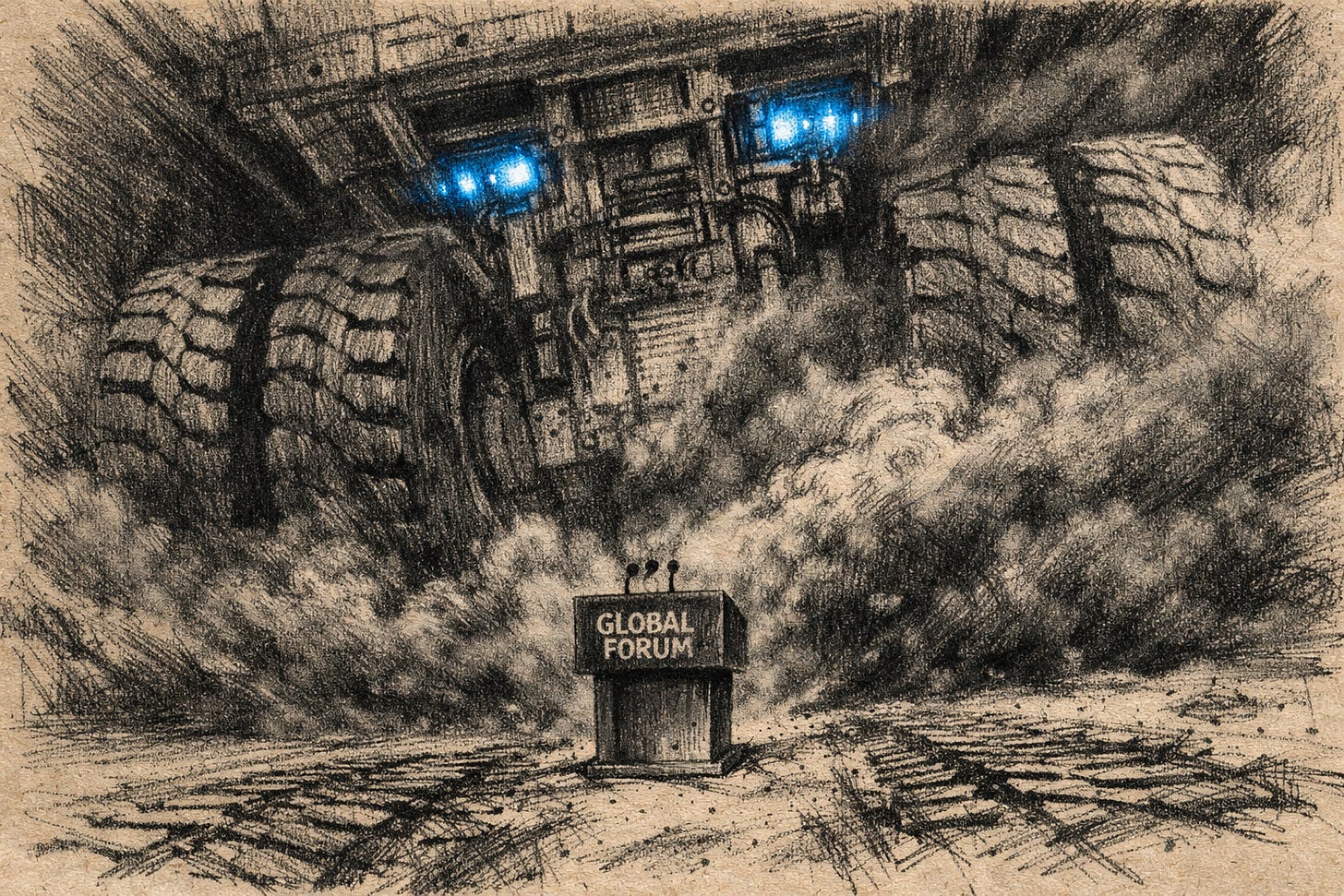 A gritty charcoal drawing looking up at the back of a giant mining truck driving away into the darkness. A tiny, ignored speech podium sits in the dust left behind by the massive tires.