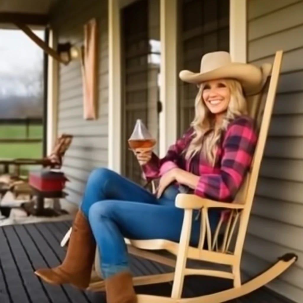 country woman wearing flannel sipping whiskey on porch as she rocks in rocking chair