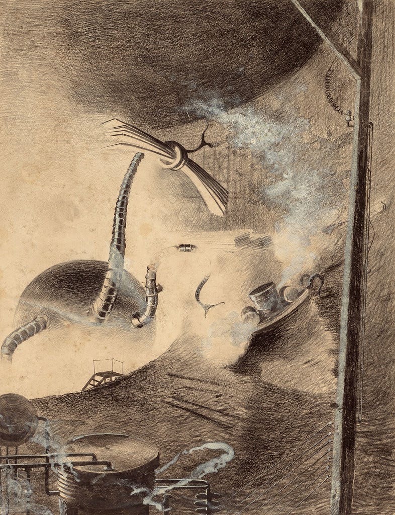 HENRIQUE ALVIM CORRÊA -Martian Handler, from The War of the Worlds, Belgium edition, 1906 (illustration from Book II- The Earth Under the Martians, Chapter II- "What We Saw from the Ruined House,")