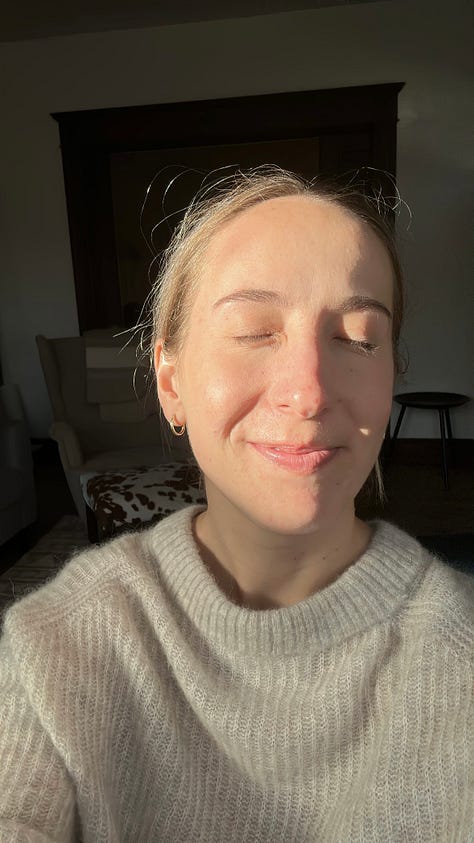 (from left to right): A selfie of me with sun on my face; a plant shop; Steve making music at our dining room table; pink clouds and powerlines; a fresh bag of Mother Tongue Coffee; an abstract sculpture; a selfie of me wearing my Nepheline blouse; desserts from Lokanta; another corner of my home