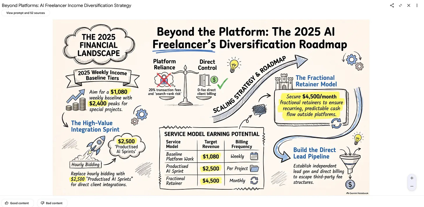 Hand-drawn style infographic generated by NotebookLM showing an AI freelancer income diversification roadmap Hand-drawn style infographic generated by NotebookLM showing an AI freelancer income diversification roadmap