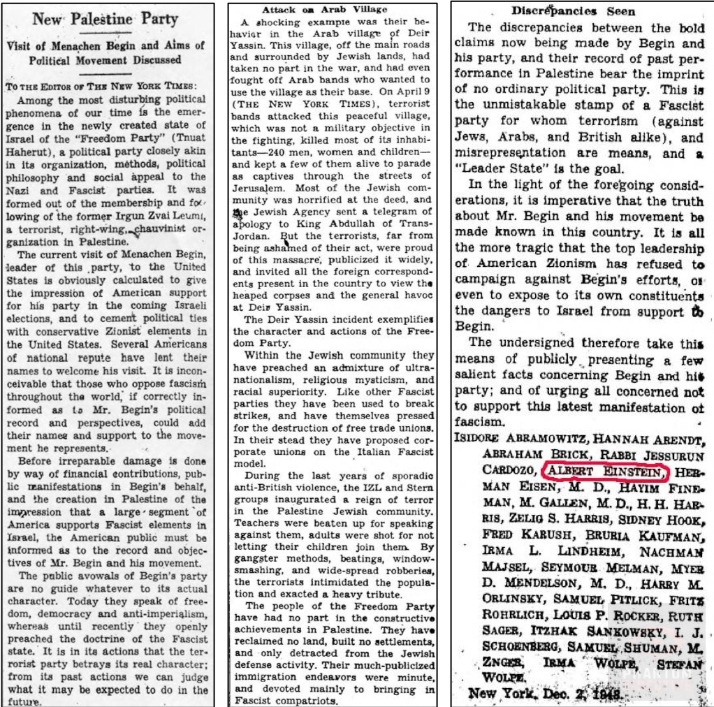 December 4, 1948 New York Times letter signed by Albert Einstein, Hannah Arendt, and others describing Menachem Begin’s Herut movement as “terrorist, right-wing, chauvinist” and closely akin to European fascist parties.