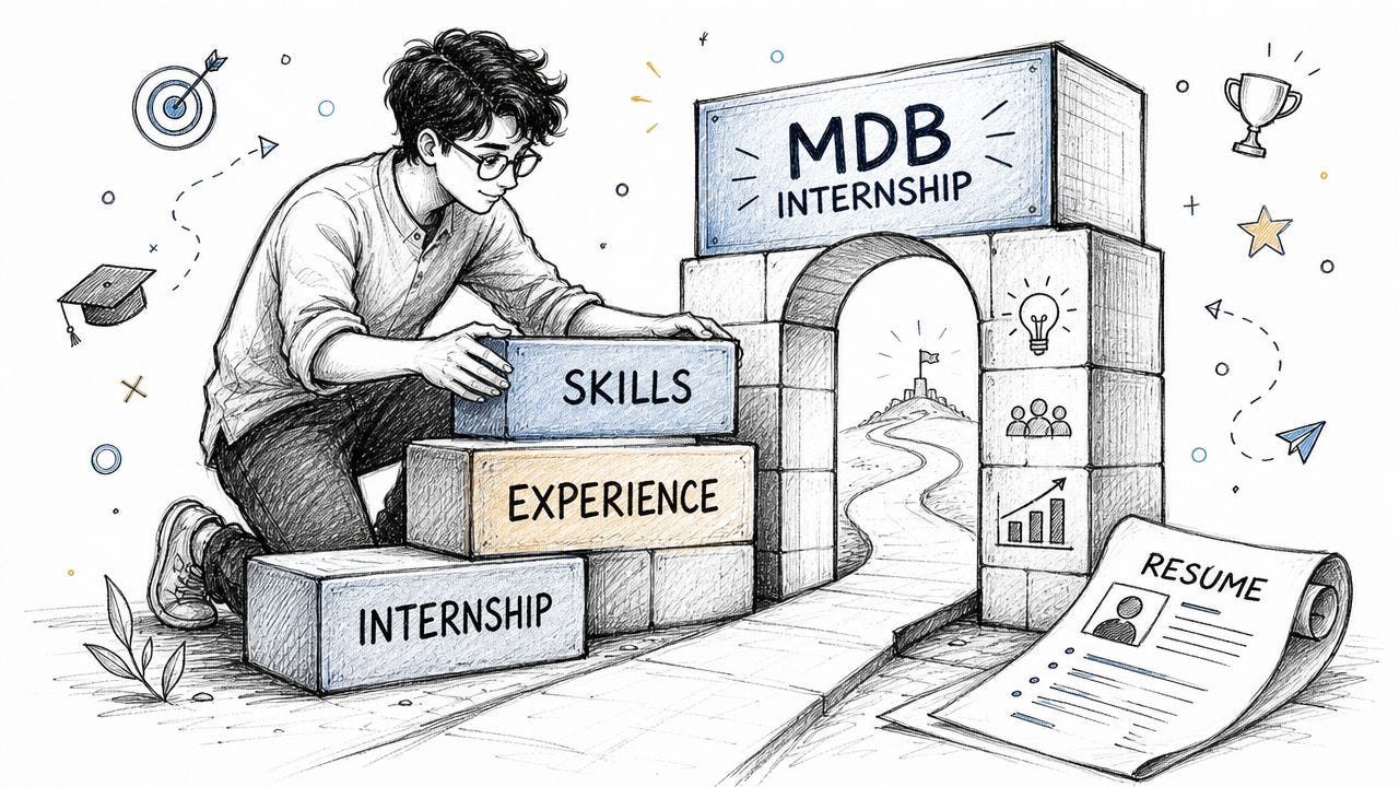 A student building an archway of bricks labeled internship, experience, and skills towards a career goal. A student building an archway of bricks labeled internship, experience, and skills towards a career goal.