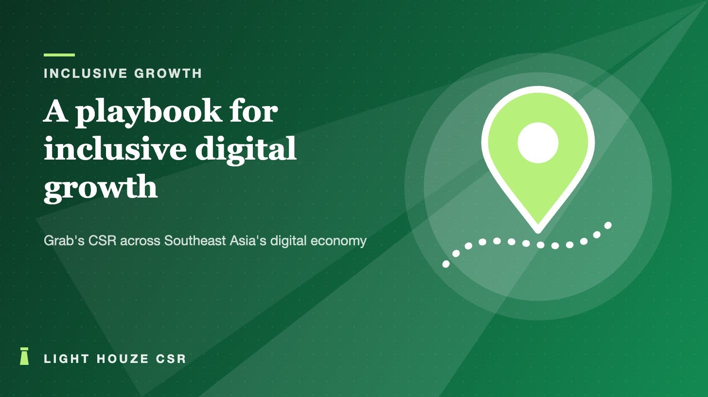 Illustration of a map pin on a dotted route on a green background, with the headline A playbook for inclusive digital growth, for a Light Houze CSR story on Grab's social and financial inclusion work in Southeast Asia Illustration of a map pin on a dotted route on a green background, with the headline A playbook for inclusive digital growth, for a Light Houze CSR story on Grab's social and financial inclusion work in Southeast Asia