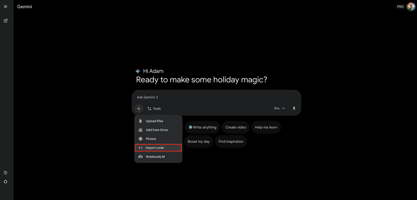 Screenshot of the Gemini chat input menu showing the "Import code" option highlighted in the upload list.