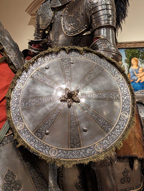 Armor for man and horse, steel and copper alloy with gilding, leather, and textile