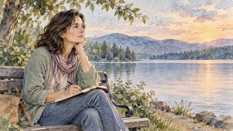 A thoughtful woman sitting on a lakeside bench, writing in her journal as the sun sets over distant mountains.