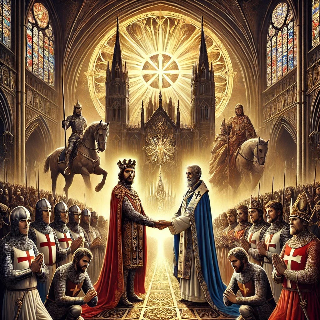 A symbolic and powerful illustration of integralism, featuring a medieval king and a pope standing side by side in front of a majestic altar, holding hands as a sign of unity between the church and the monarchy. The background shows a vast cathedral with golden rays of light streaming through stained-glass windows. In the foreground, knights in shining armor stand in reverence, while monks and common folk kneel in prayer, embodying the fusion of political and religious authority. The image conveys a sense of strength, divinity, and sacred harmony between the two powers.