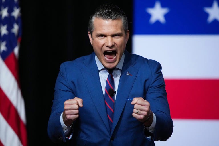 Hegseth treated the military top brass to an array of wild facial expressions and war-like platitudes. / Andrew Harnik / Getty Images