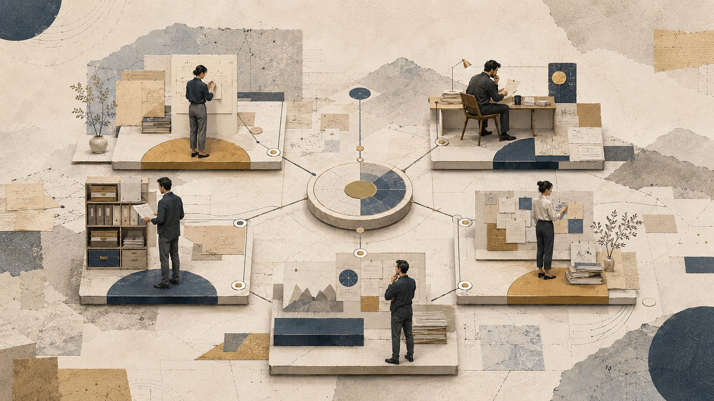 People standing on separate planning platforms connected by a central circular story brief diagram