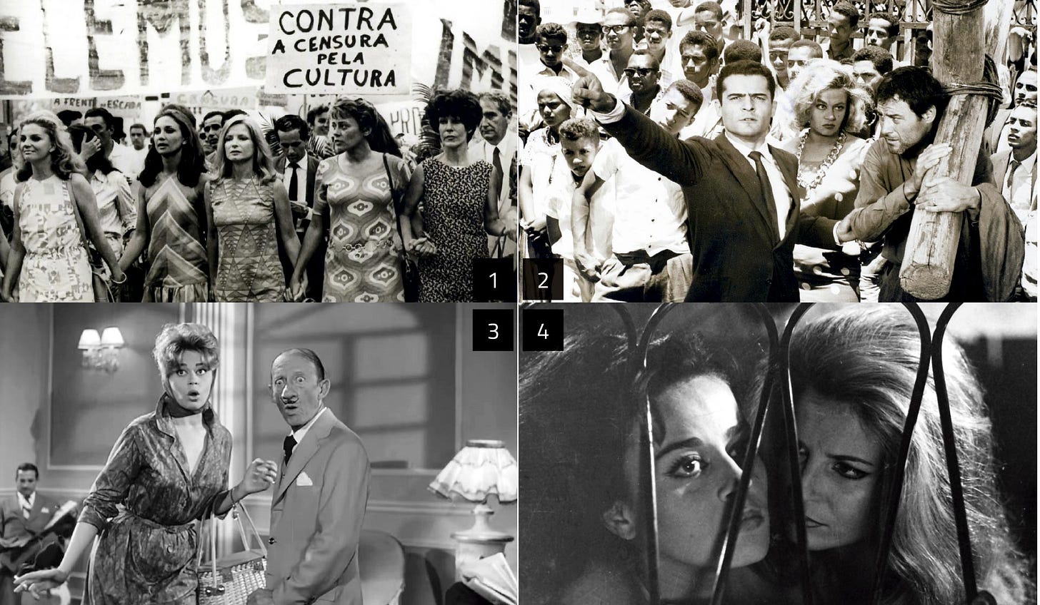 
O Gemini disse
Esta imagem em preto e branco é dividida em quatro cenas numeradas:

Cena 1: Um grupo de mulheres caminha de mãos dadas em um protesto. Ao fundo, uma placa diz "CONTRA A CENSURA PELA CULTURA".

Cena 2: Um homem de terno levanta o punho cerrado à frente de uma multidão. Ao lado dele, um homem carrega uma grande cruz de madeira no ombro.

Cena 3: Uma mulher e um homem com um bigode marcante aparecem com expressões de surpresa em um ambiente interno com abajures.

Cena 4: Close no rosto de duas mulheres que olham através de uma grade de metal