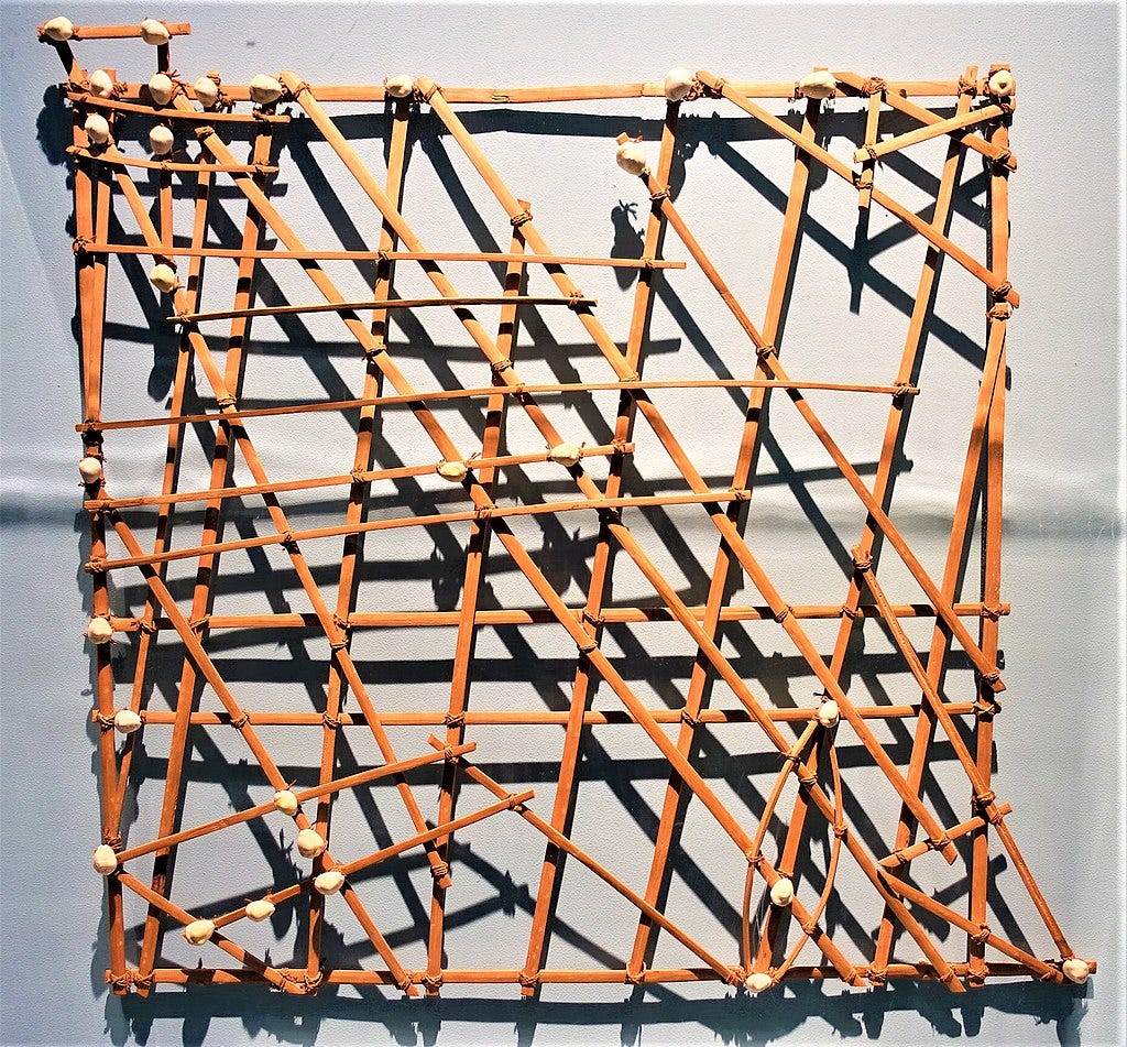 A Marshallese Stick Chart showing how ocean swells move around part of the archipelago.