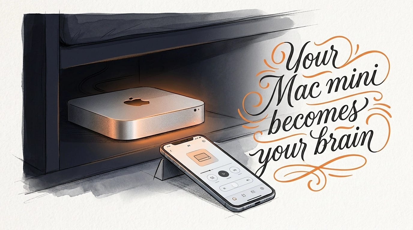 A glowing Mac Mini under a bed with a smartphone serving as the remote control — Perplexity's vision of the personal AI computer