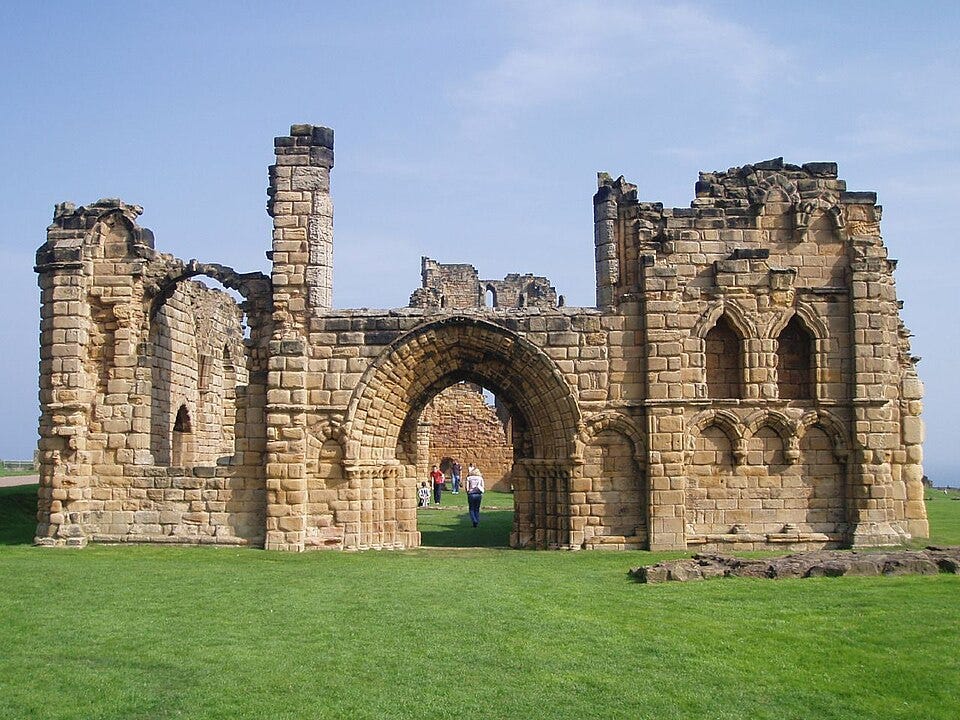 The ruins of Tynemouth Priory standing on the headland above the mouth of the Tyne.