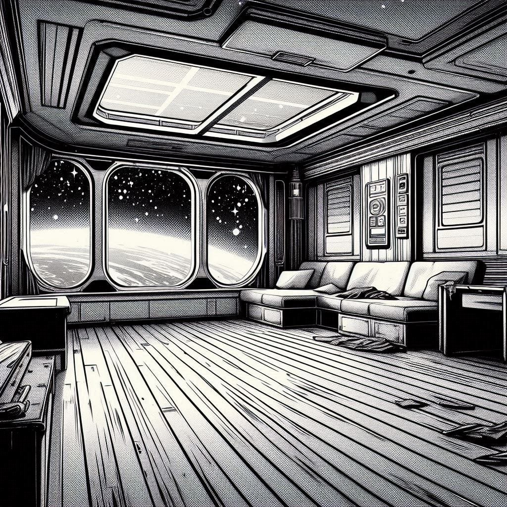 a completely empty cabin in a cruise ship in outer space. no furniture. nothing on the floor. the window is broken. duotone manga.