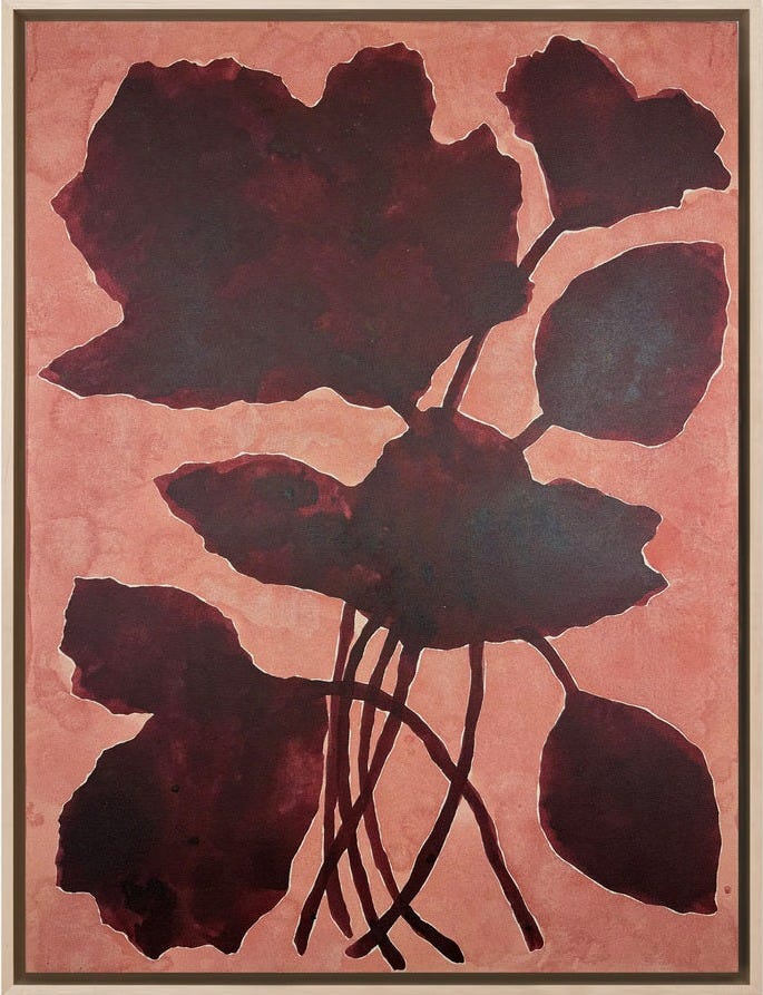 Kate Roebuck, Bon Two, 2026. Watercolor and ink on canvas: large dark maroon flowers and leaves on long curving stems against a salmon pink ground, in a thin dark frame. Kate Roebuck, Bon Two, 2026. Watercolor and ink on canvas: large dark maroon flowers and leaves on long curving stems against a salmon pink ground, in a thin dark frame.