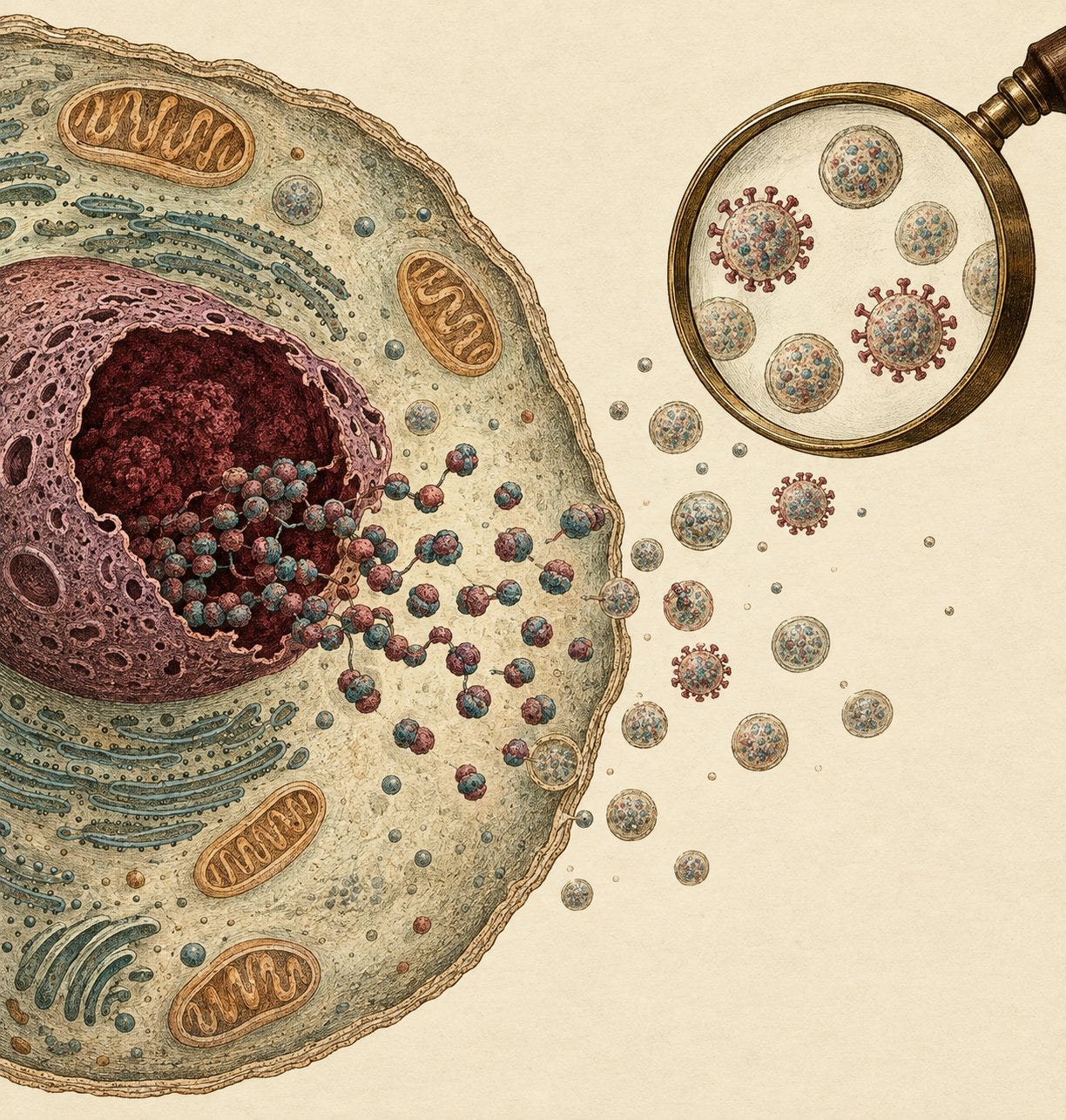 A damaged cell spilling nucleosomes, with vesicles under a lens that resemble crowned particles.